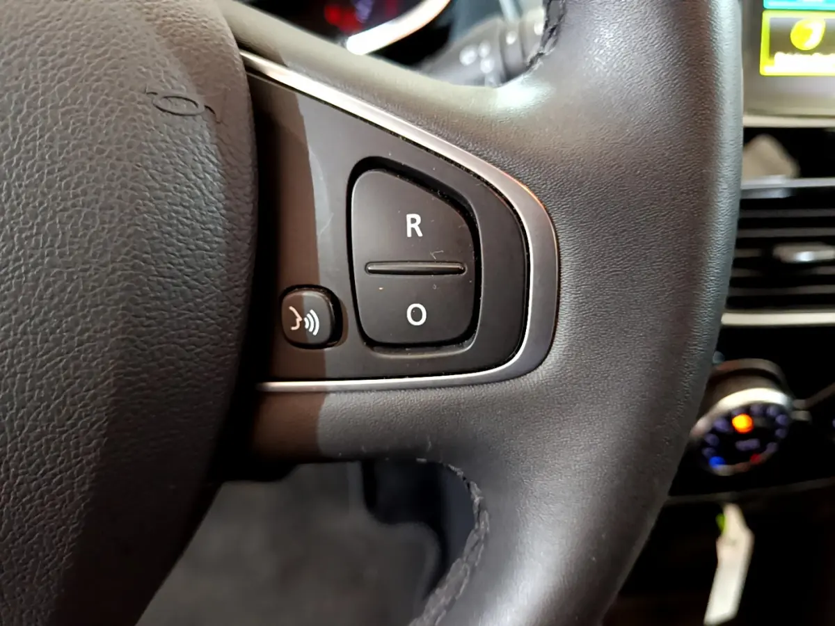 Gros plan sur les commandes vocales du volant cuir noir de la Renault Clio Business TCe 90 2019.