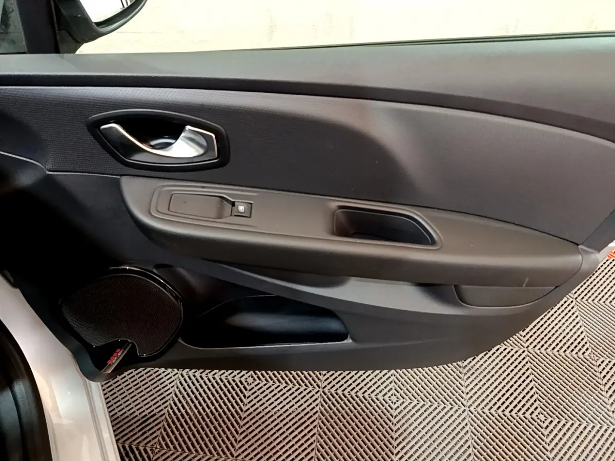 Vue rapprochée de la porte avant gauche d'une Renault Clio Business gris clair, avec poignée et commande de vitre.