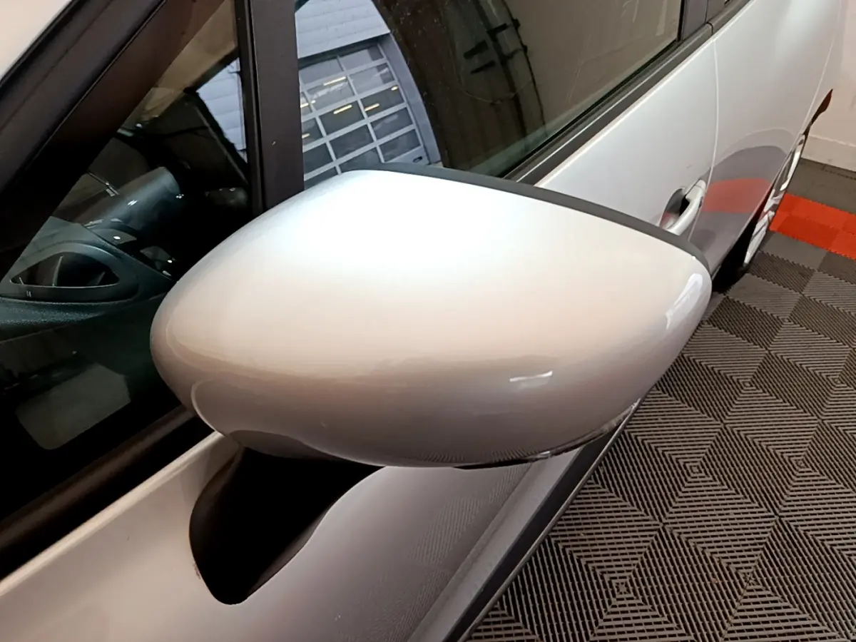 Rétroviseur côté gauche gris clair de la Renault Clio Business TCe 90 2019, vue rapprochée sur porte et vitre.