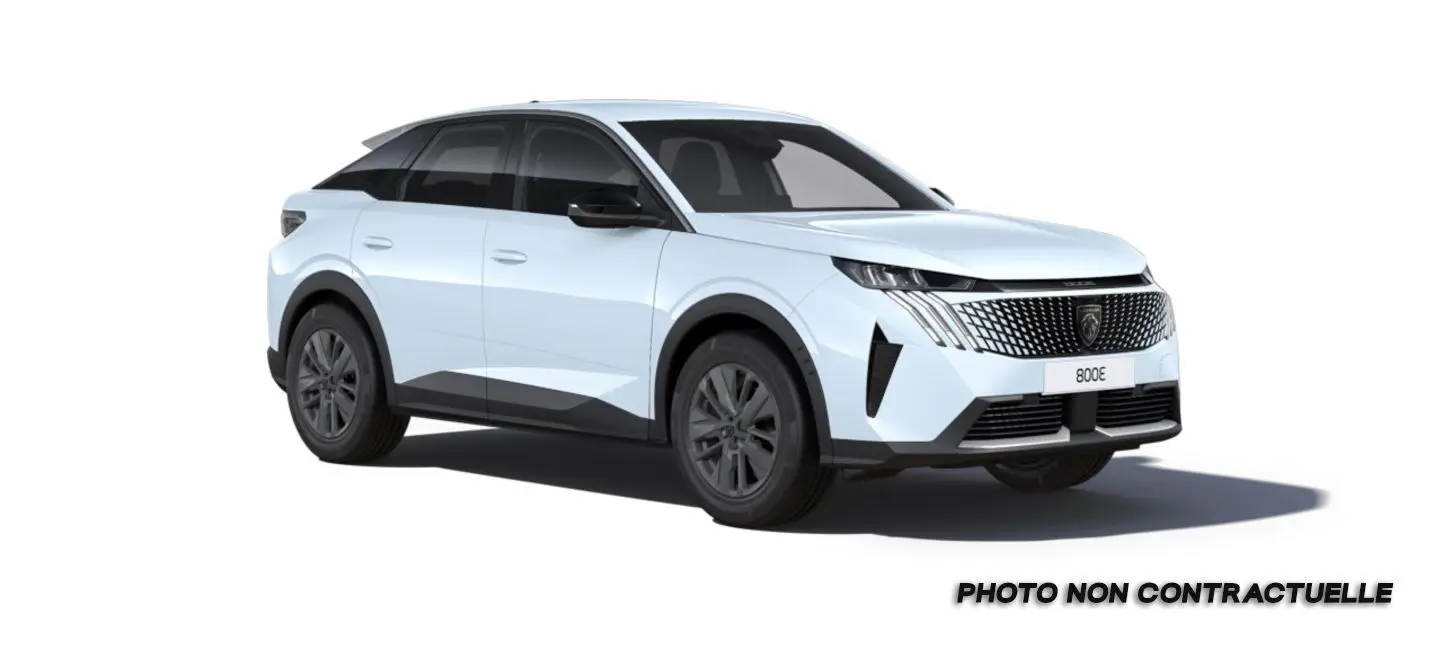 Peugeot 3008 blanc Okenite en vue 3/4 avant droit, avec calandre distinctive et jantes noires.