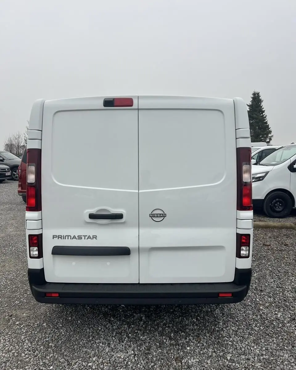 Vue arrière d’un utilitaire Nissan Primastar blanc avec portes battantes et feux arrière verticaux.