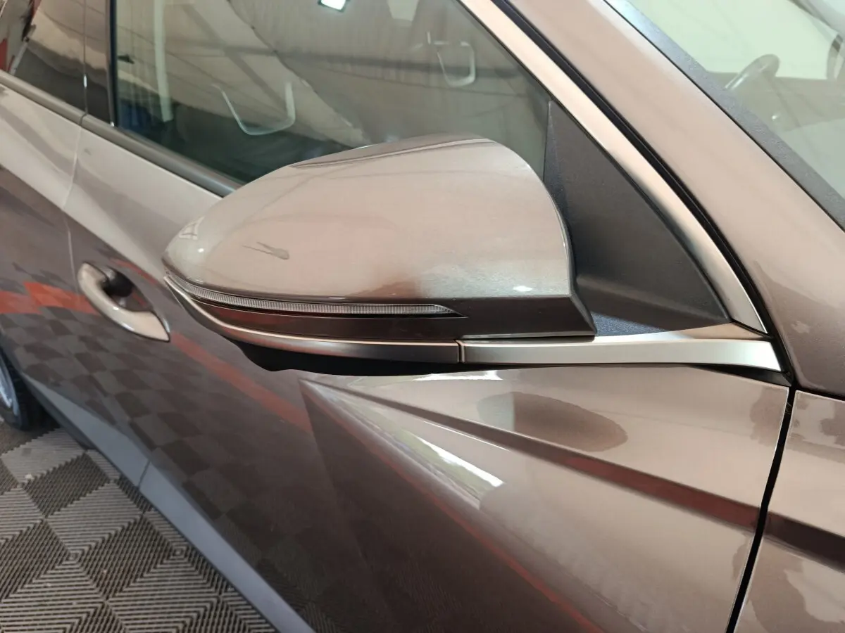 Rétroviseur côté gauche marron du Hyundai Tucson 2022 avec clignotant intégré et poignée de porte visible.