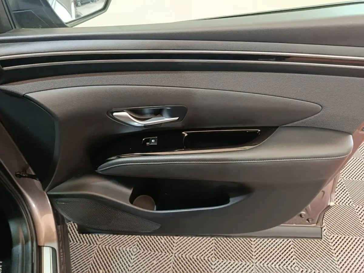 Porte intérieure côté gauche marron du Hyundai Tucson 2022 avec poignée argentée et commande de verrouillage.