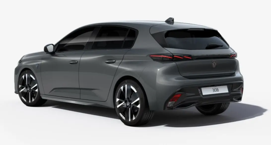 Peugeot 308 gris sélénium vue 3/4 arrière droit, jantes alliage 18'' bi-ton et feux arrière LED griffés.