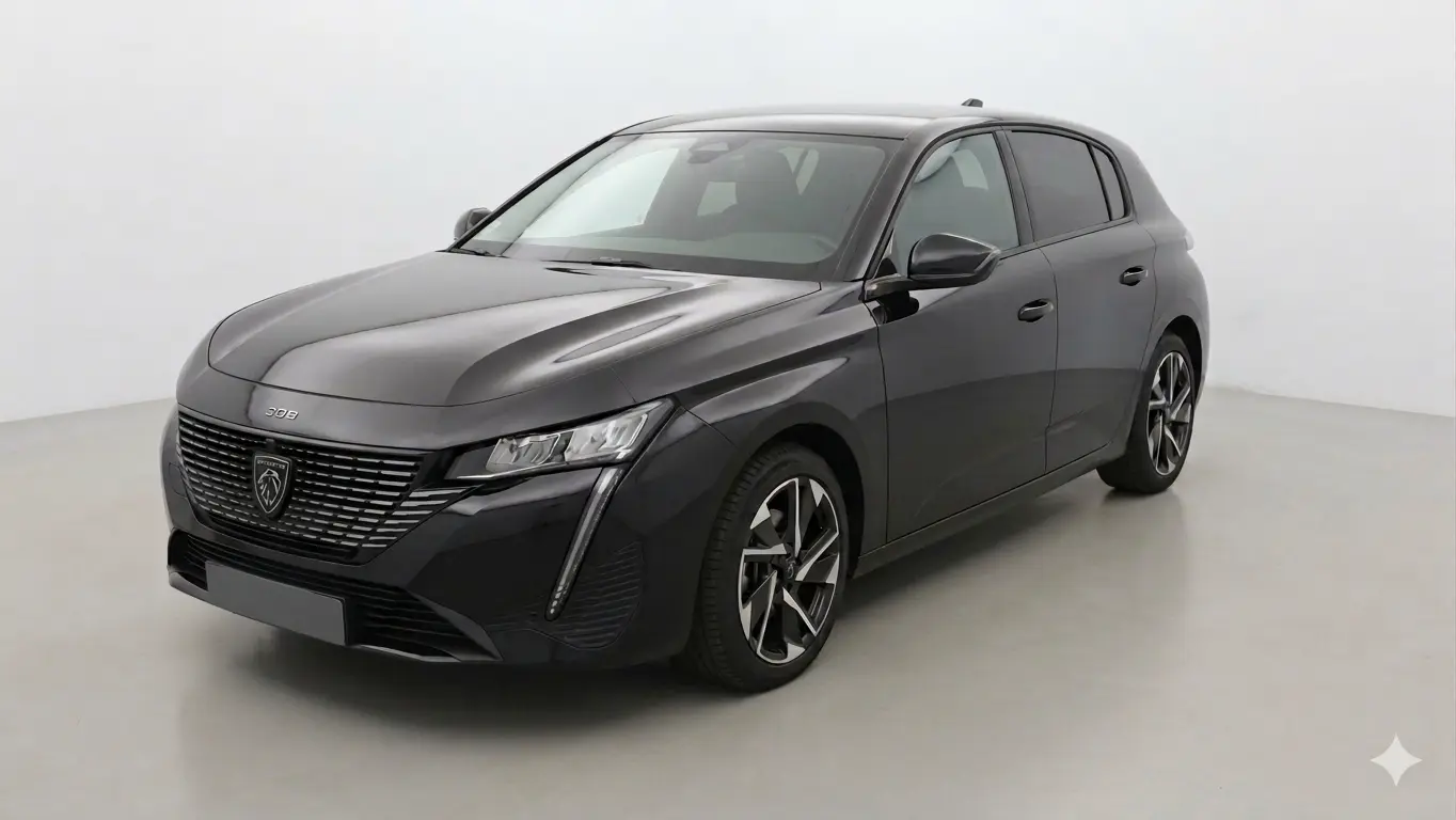 Peugeot 308 Hybrid noir vue 3/4 avant droit, avec calandre distinctive et jantes alliage 17 pouces.