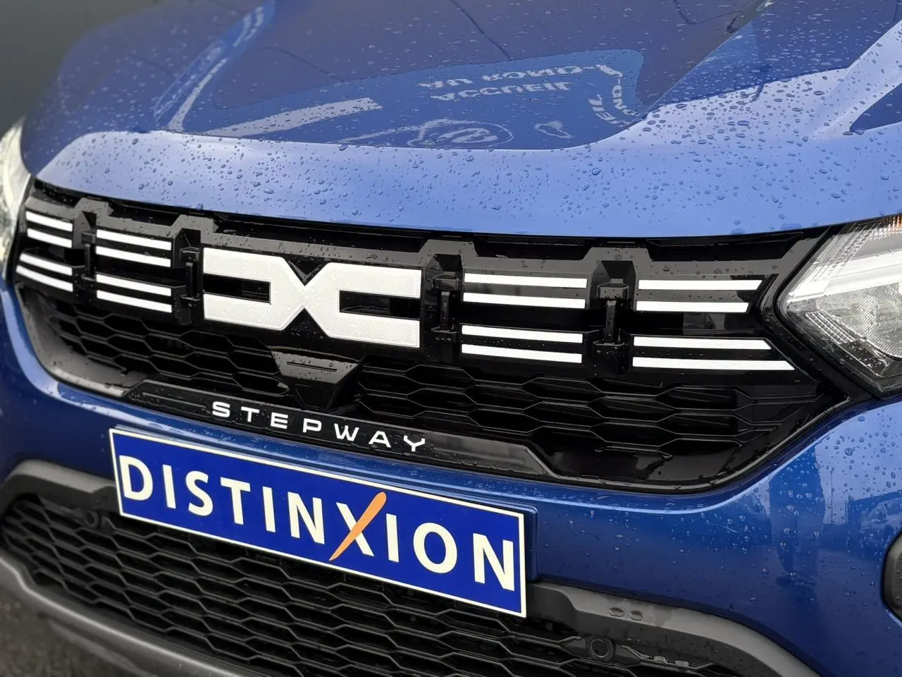 Gros plan sur la calandre avant noire et le logo Extrême blanc du Dacia Sandero Stepway Bleu Iron avec pluie visible.