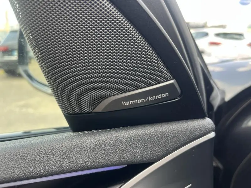 Gros plan sur le haut de la portière côté gauche du BMW X3 M40iA 2019, mettant en valeur l'enceinte Harman Kardon.