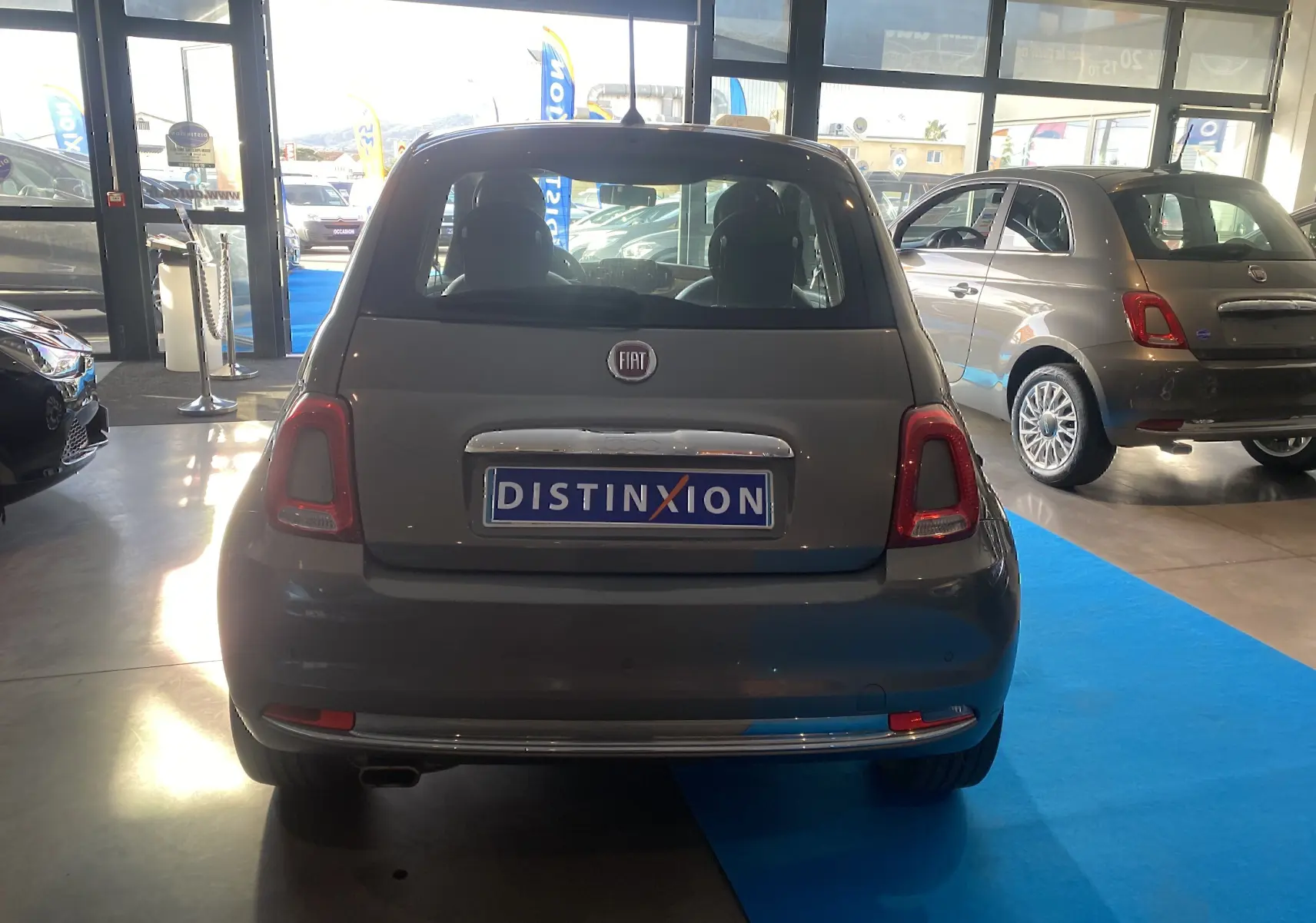 Vue arrière d'une FIAT 500 gris foncé exposée en showroom avec plaque Distinxion visible.