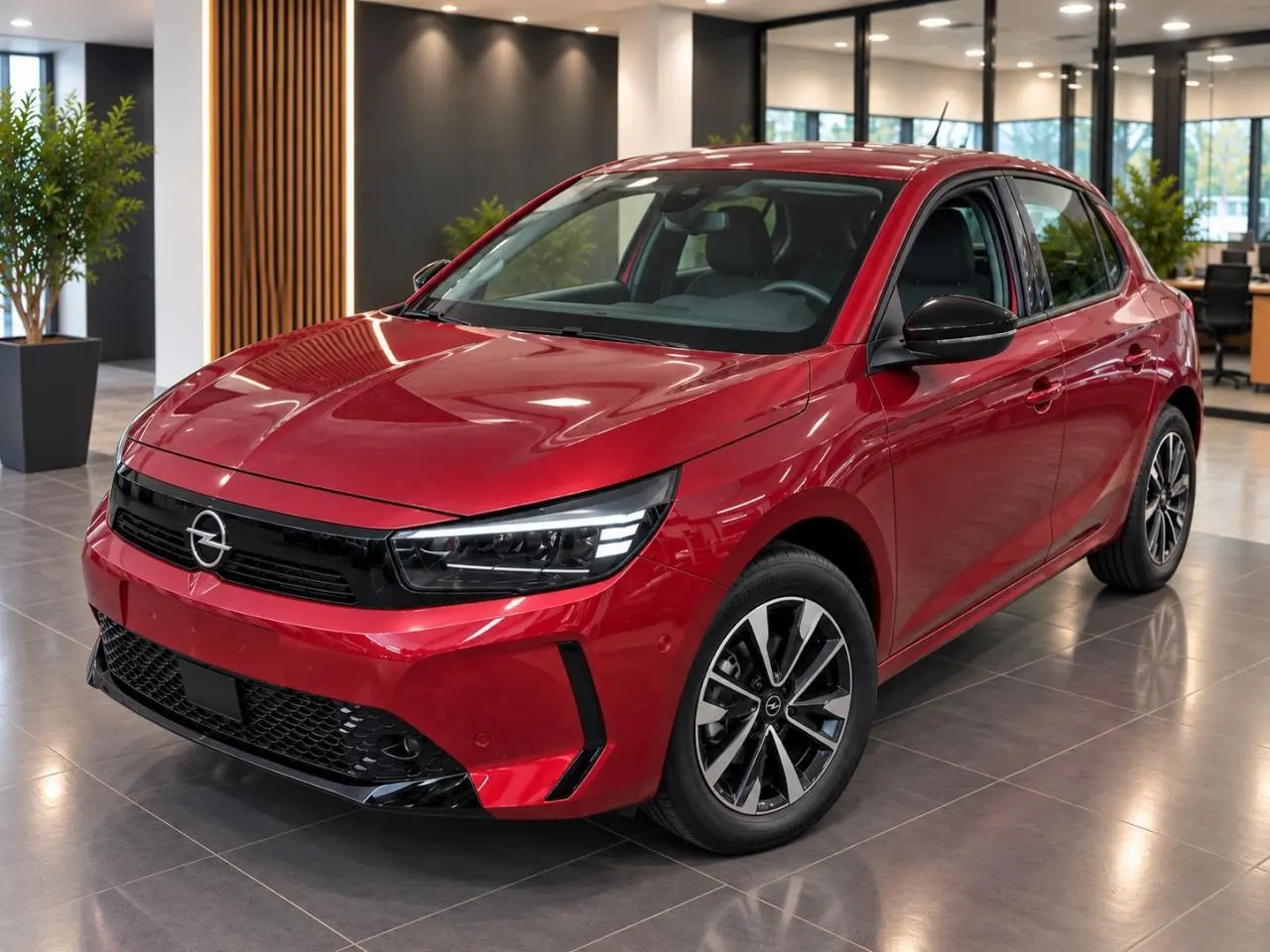 Opel Corsa 1,2 Hybrid 110 CV 2025 en peperoncino red, vue 3/4 avant droit, jantes alliage noires et grises.