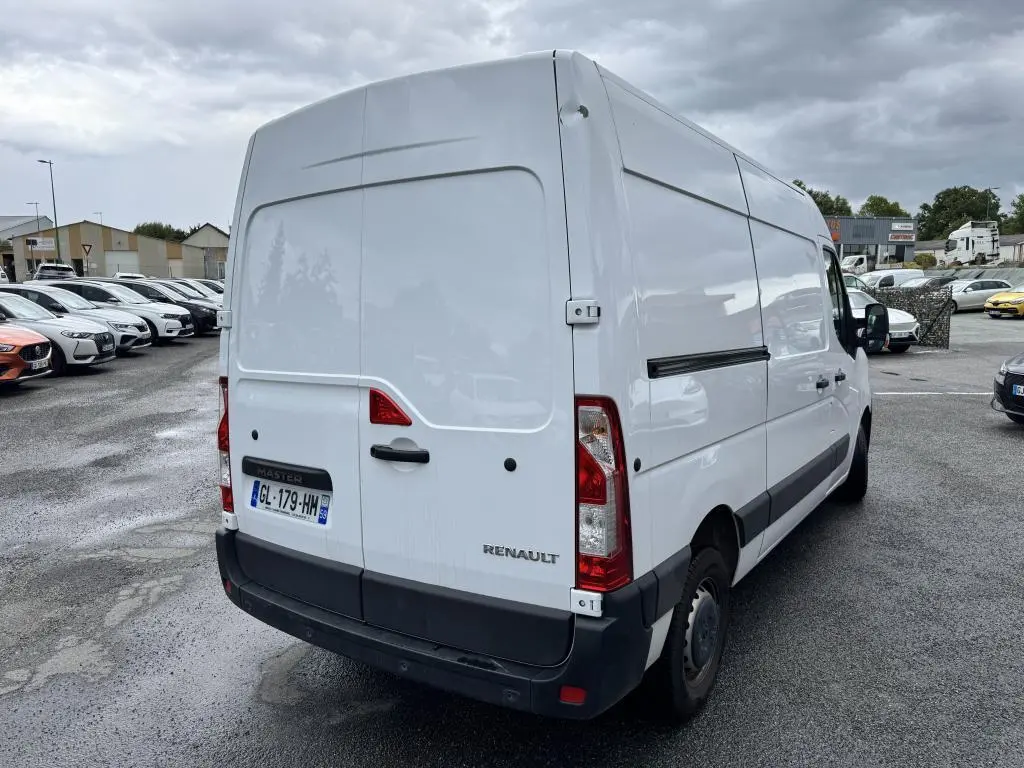 Vue 3/4 arrière droite d'un Renault Master blanc avec portes arrière tôlées et baguettes de protection latérales noires.
