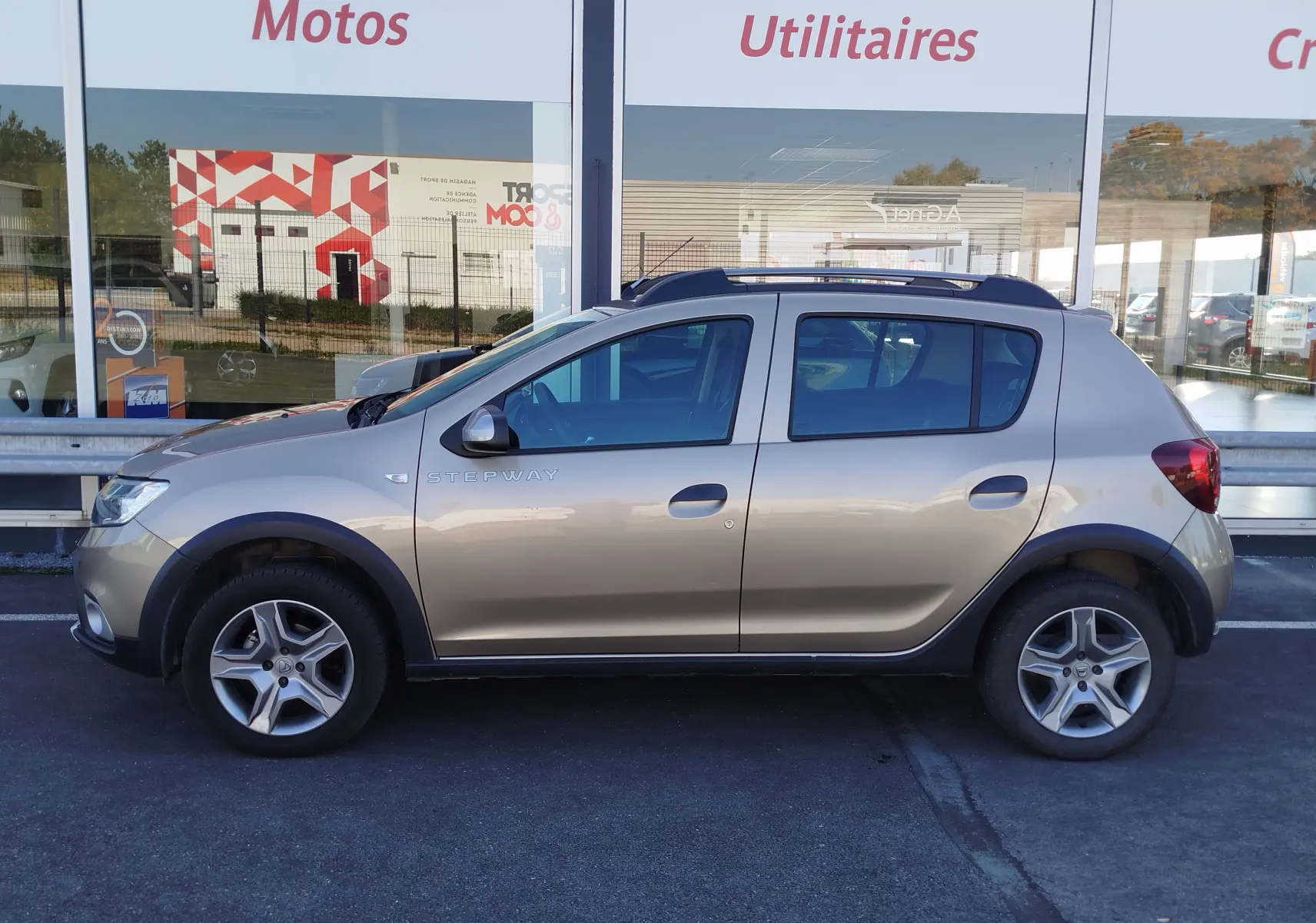 Profil côté gauche d'une Dacia Sandero Stepway beige dune 2020 avec barres de toit et protections noires sur les passages de roues.