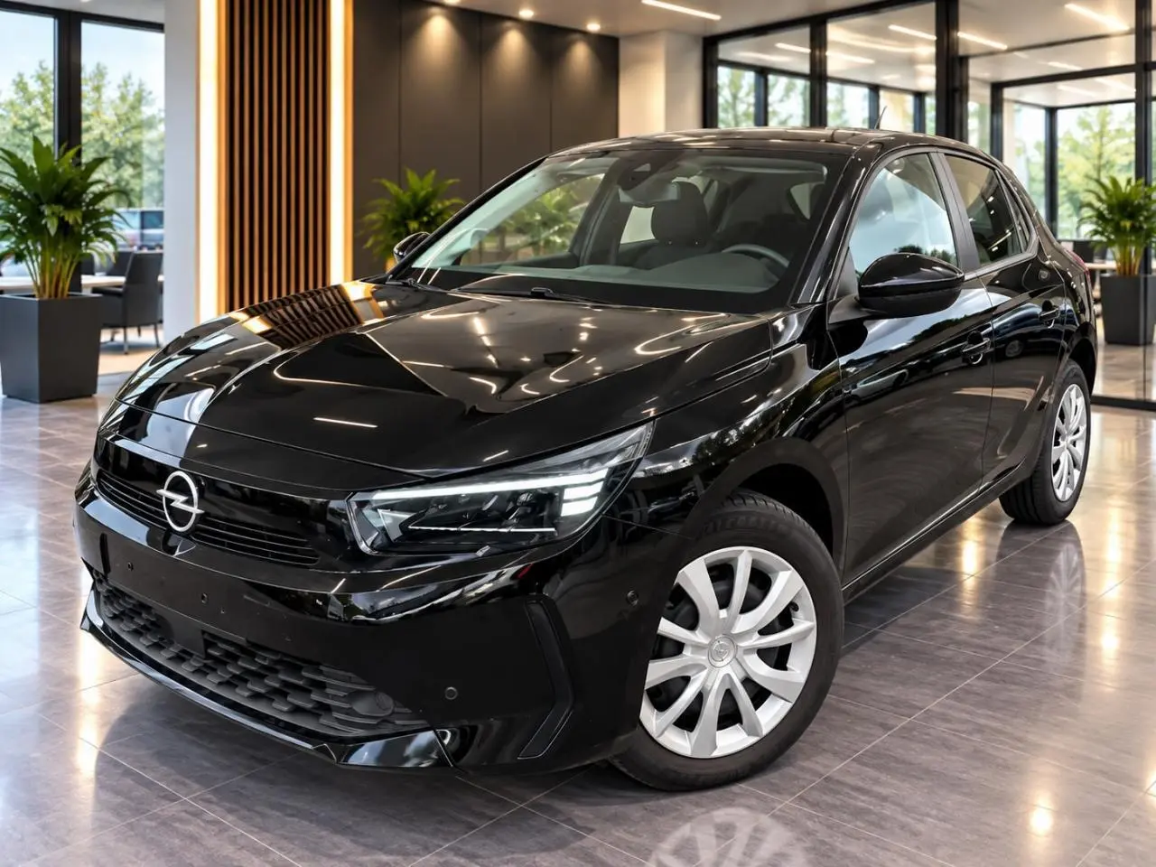 Opel Corsa 2025 noir karbon en 3/4 avant droit, avec phares LED et jantes argentées en showroom lumineux.
