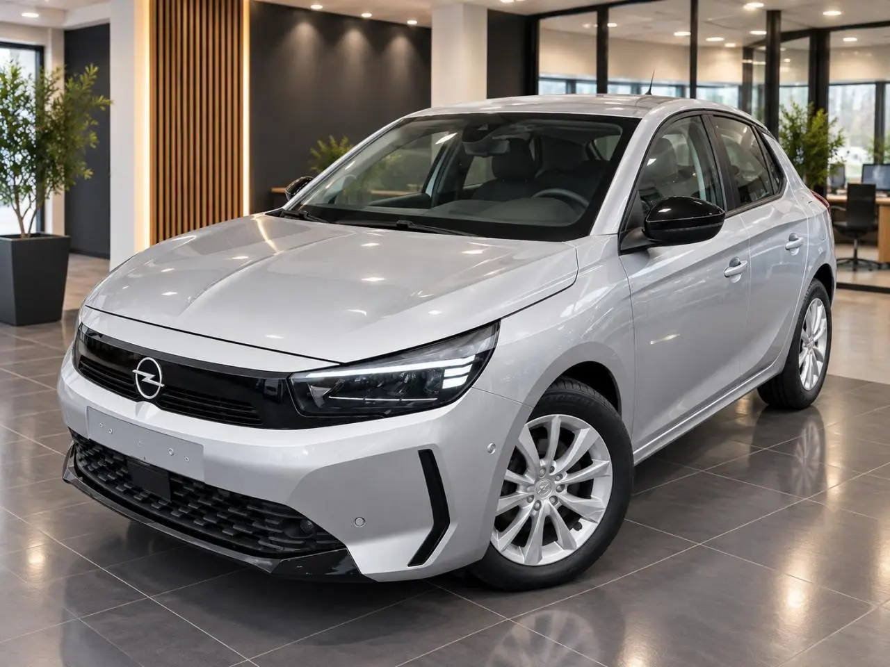Opel Corsa 2025 gris kristall vue 3/4 avant droit, avec calandre noire et jantes alliage argentées.