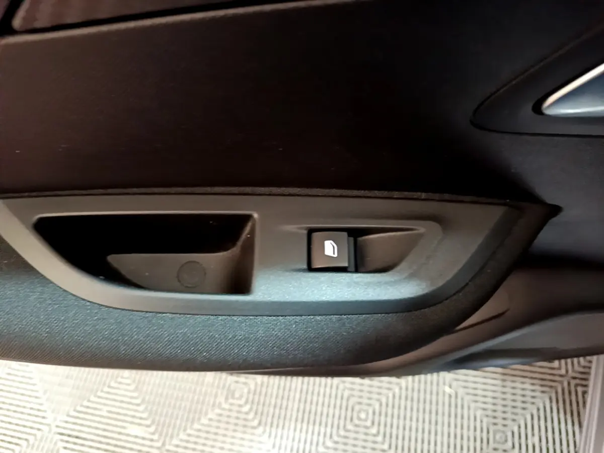 Détail de la commande de lève-vitre sur la porte intérieure côté conducteur d’un Peugeot 2008 gris clair 2021.