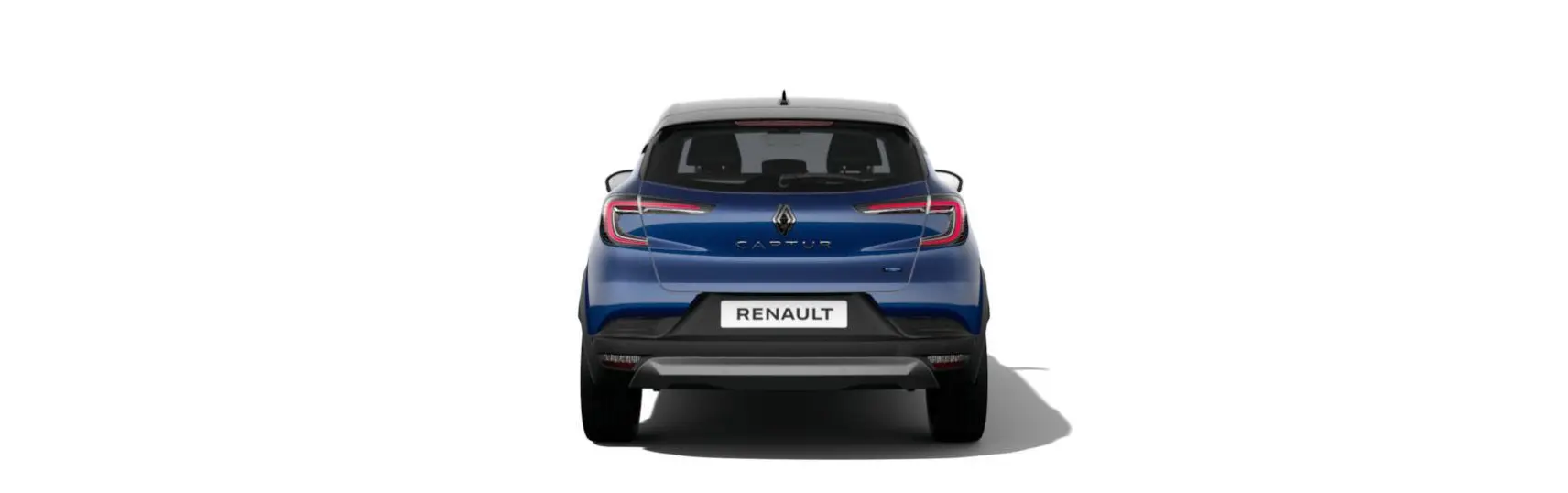 Vue arrière du Renault Captur 2025 en bleu Iron avec toit noir étoilé et feux LED distinctifs.