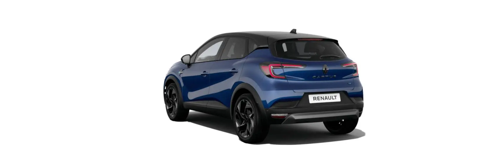 Renault Captur 2025 bleu Iron en 3/4 arrière droit avec toit noir étoilé et jantes noires distinctives