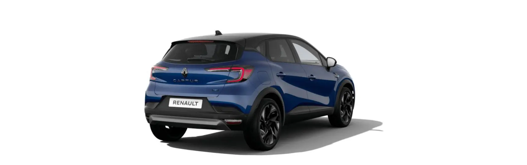 Vue 3/4 arrière droite du Renault Captur 2025 bleu Iron avec toit noir étoilé et jantes noires.