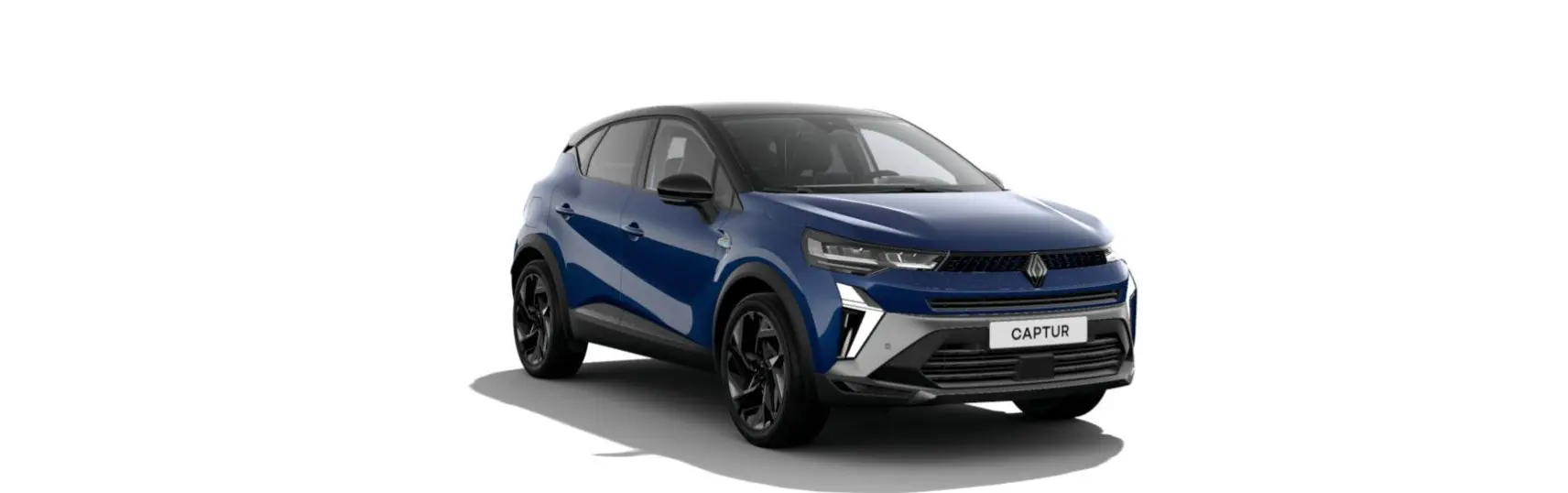 Renault Captur 2025 bleu Iron en 3/4 avant avec toit noir étoilé et jantes noires distinctives.