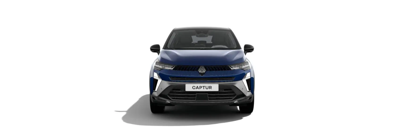Vue frontale du Renault Captur 2025 en bleu Iron avec toit noir étoilé et calandre moderne.