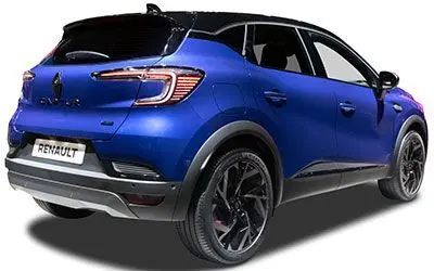 Vue 3/4 arrière droite du Renault Captur 2025 bleu Iron avec toit noir étoilé et jantes noires distinctives.