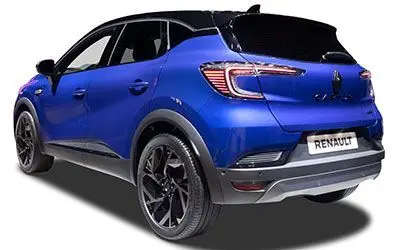 Vue 3/4 arrière du Renault Captur 2025 bleu Iron avec toit noir étoilé et jantes noires distinctives.