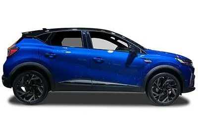 Profil droit du Renault Captur 2025 bleu Iron avec toit noir étoilé et jantes noires distinctives