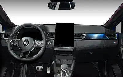 Intérieur avant du Renault Captur 2025 avec tableau de bord noir, écran tactile central et volant multifonction.