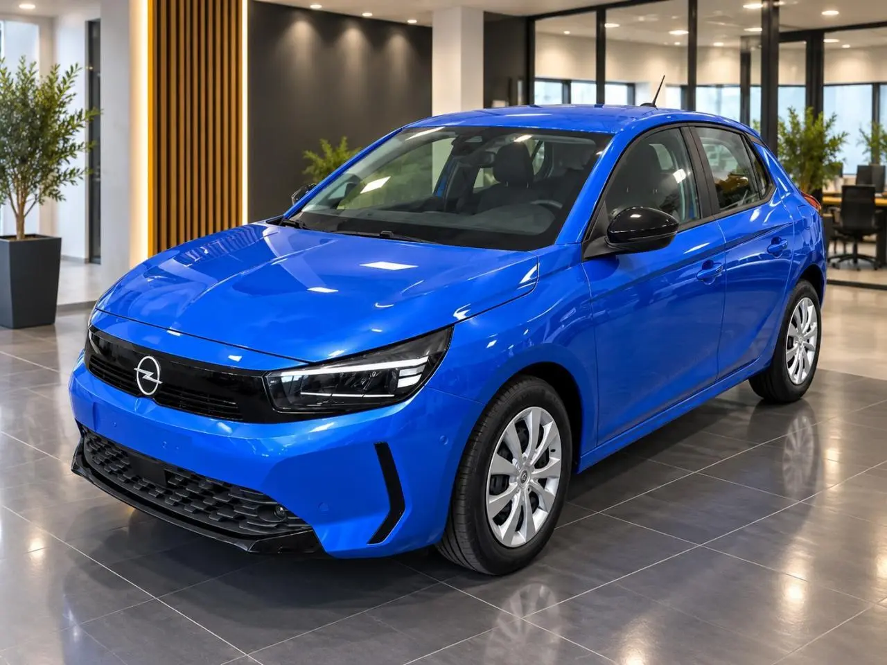 Opel Corsa 1,2 100 CV Edition bleu voltaik vue 3/4 avant en intérieur avec jantes argentées et rétroviseurs noirs.