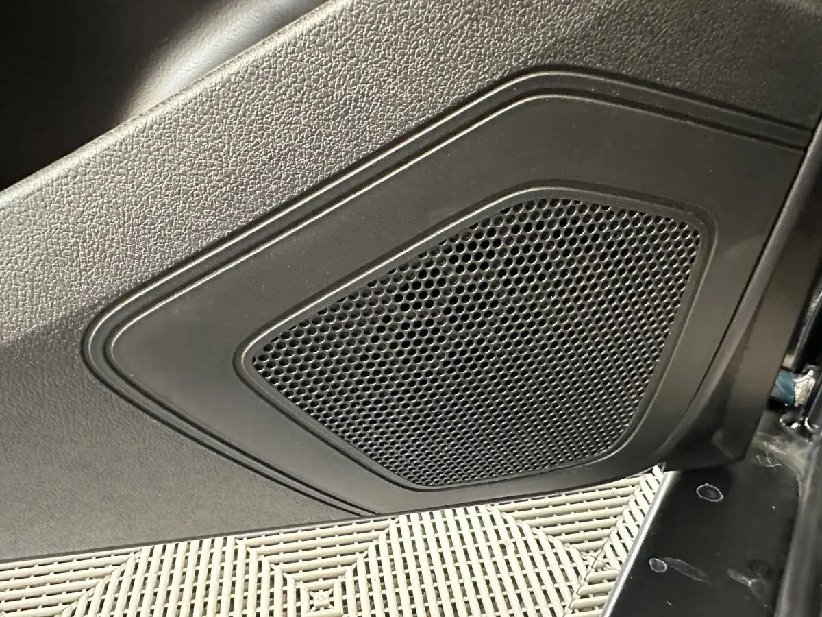 Gros plan sur le haut-parleur intégré dans la porte intérieure noire d'une Aixam Ambition gris foncé.