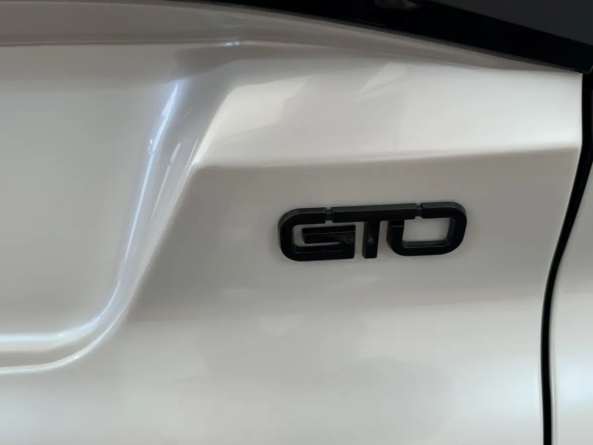 Détail du logo GTO en noir sur la porte blanche d'une Aixam Ambition 0.5 City GTO 2026.