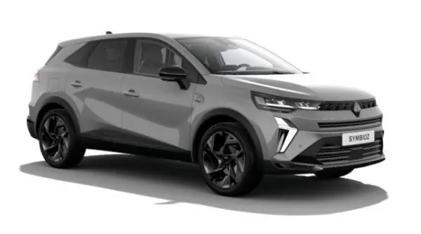 Renault Symbioz 2026 gris Rafale en 3/4 avant droit, avec jantes noires et signature lumineuse distinctive Esprit Alpine.