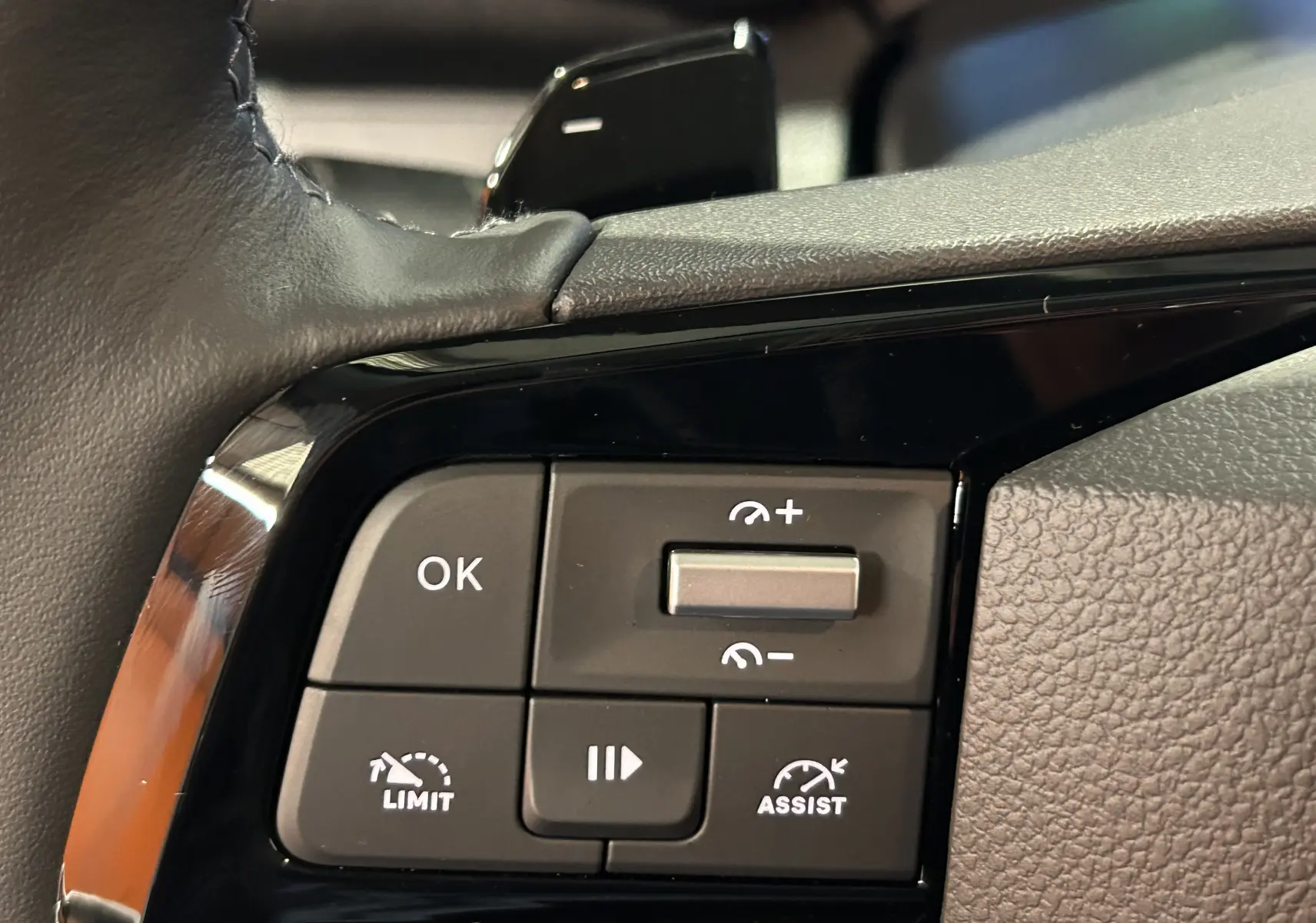 Gros plan sur les commandes de régulateur de vitesse au volant d’un Citroën Berlingo Multispace gris, intérieur moderne.