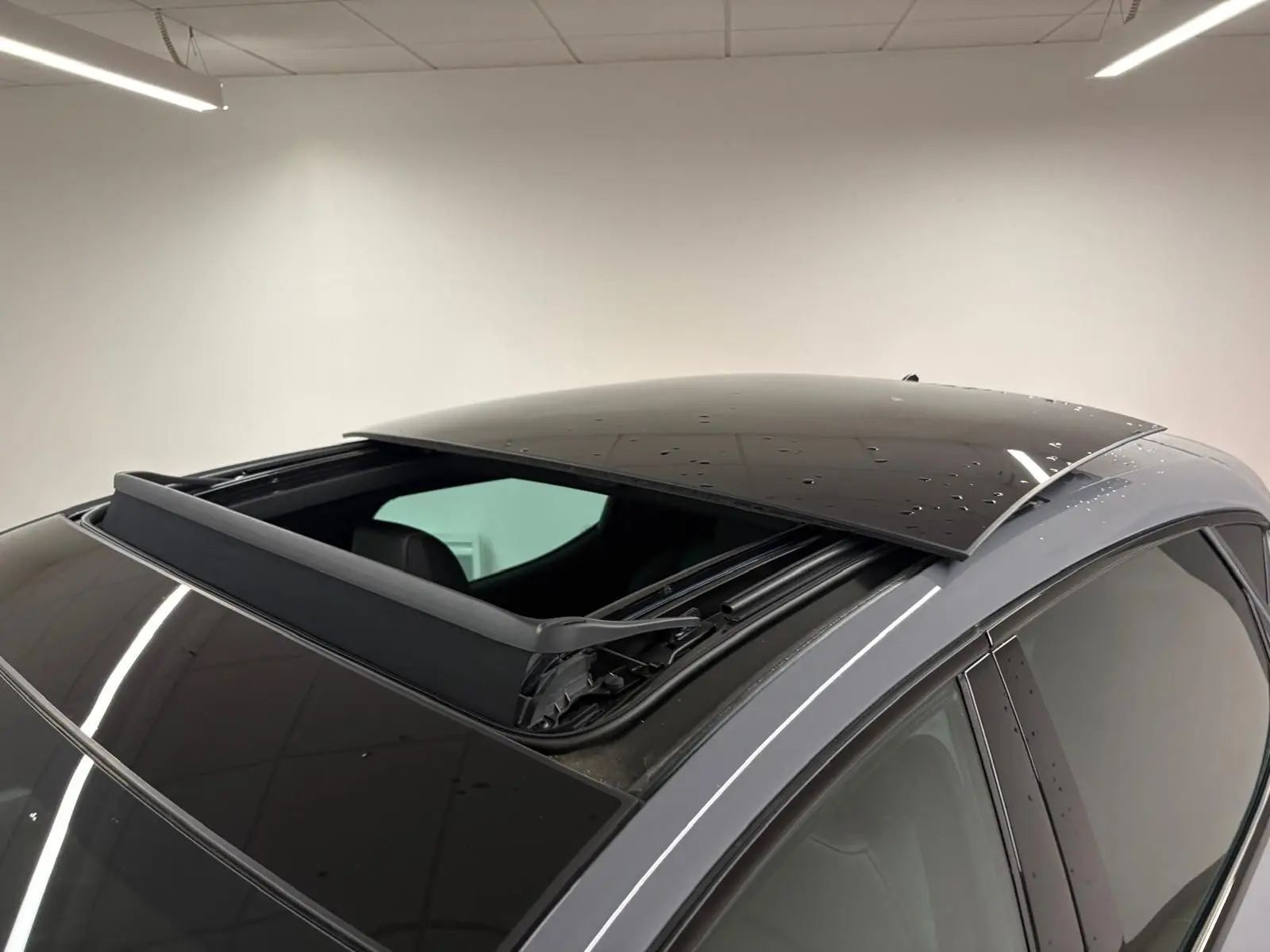 Vue en plongée du toit ouvrant panoramique noir sur une CUPRA Leon gris Graphène, côté droit du véhicule.