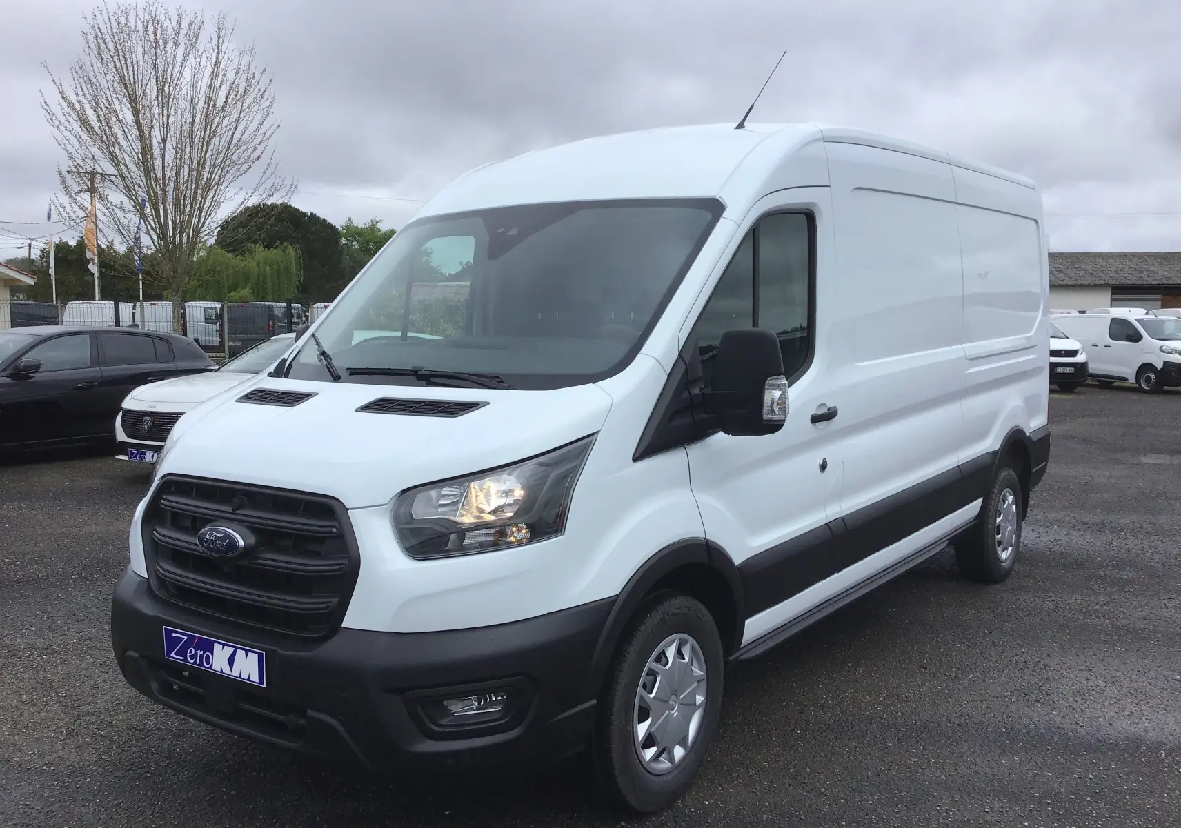 Fourgon Ford Transit blanc vu en 3/4 avant droit, avec calandre noire et feux allumés sur parking extérieur.