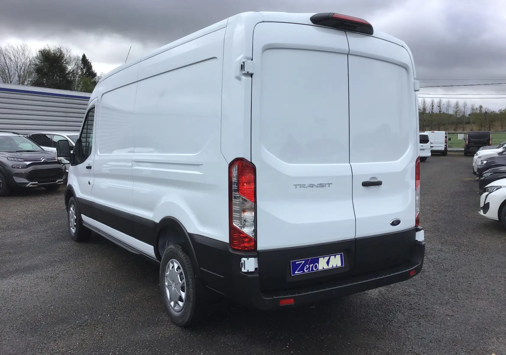 Vue 3/4 arrière droite d'un fourgon Ford Transit blanc, avec portes arrière fermées et protections noires sur le bas.