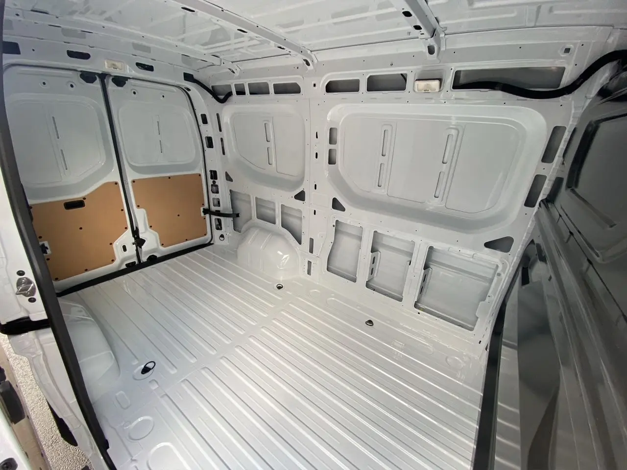 Intérieur arrière vide du Renault Master blanc, vue plongeante montrant l’espace de chargement et les portes ouvertes.