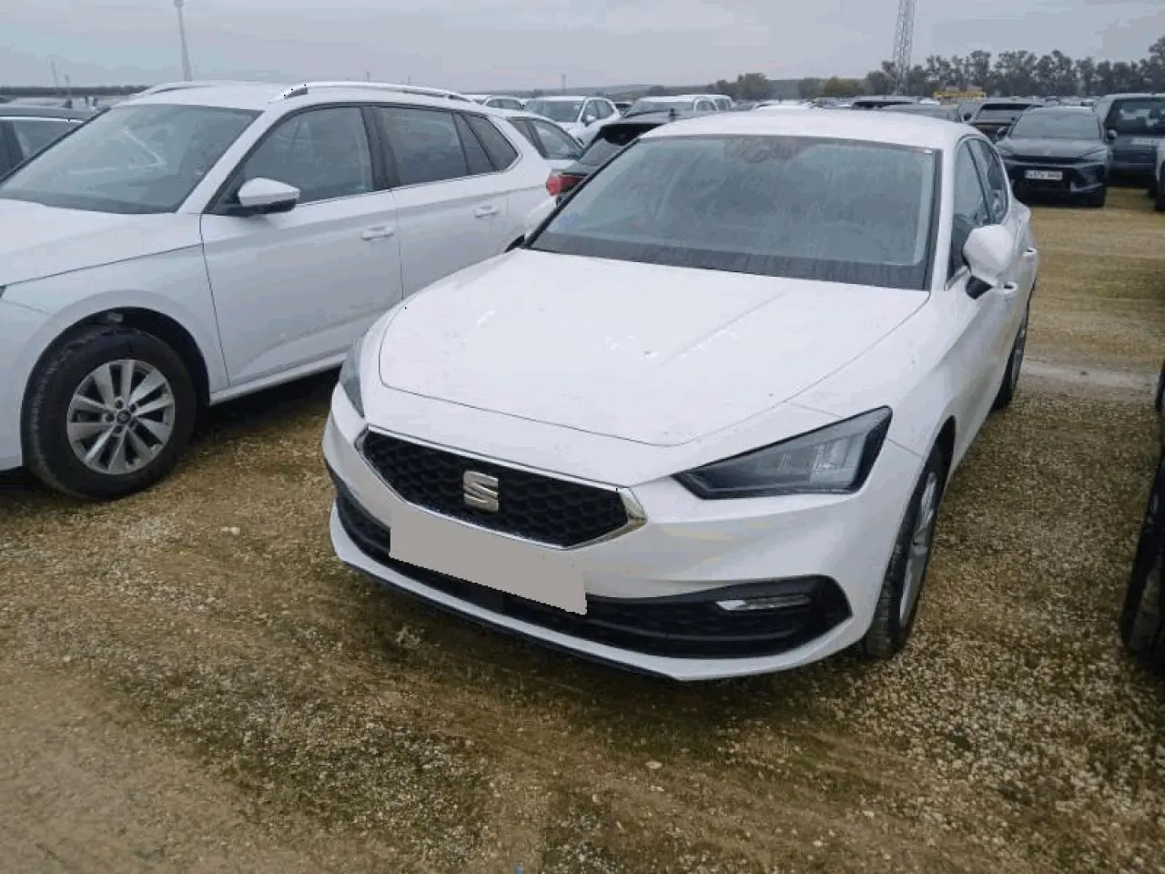 SEAT Leon blanc vue 3/4 avant droite, avec calandre hexagonale et phares LED anguleux sur parking extérieur.