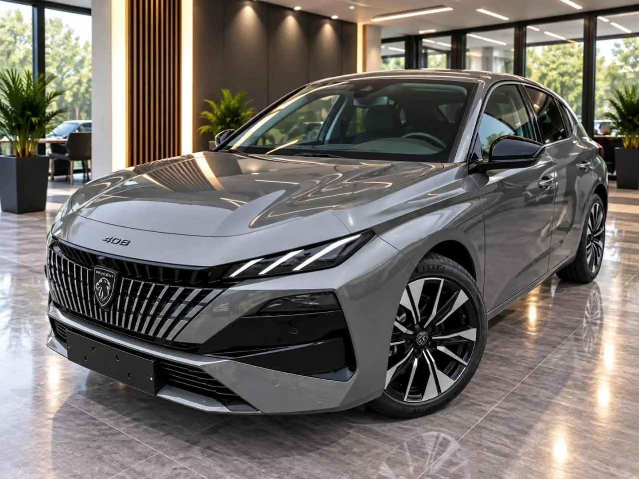 Vue 3/4 avant droite d'une Peugeot 408 gris sellenium avec calandre verticale distinctive et jantes noires et argentées.
