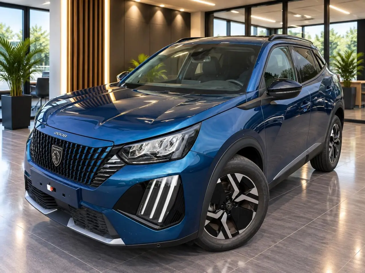 Peugeot 2008 bleu obsession en 3/4 avant droit, avec calandre noire et feux LED distinctifs, dans un showroom lumineux.