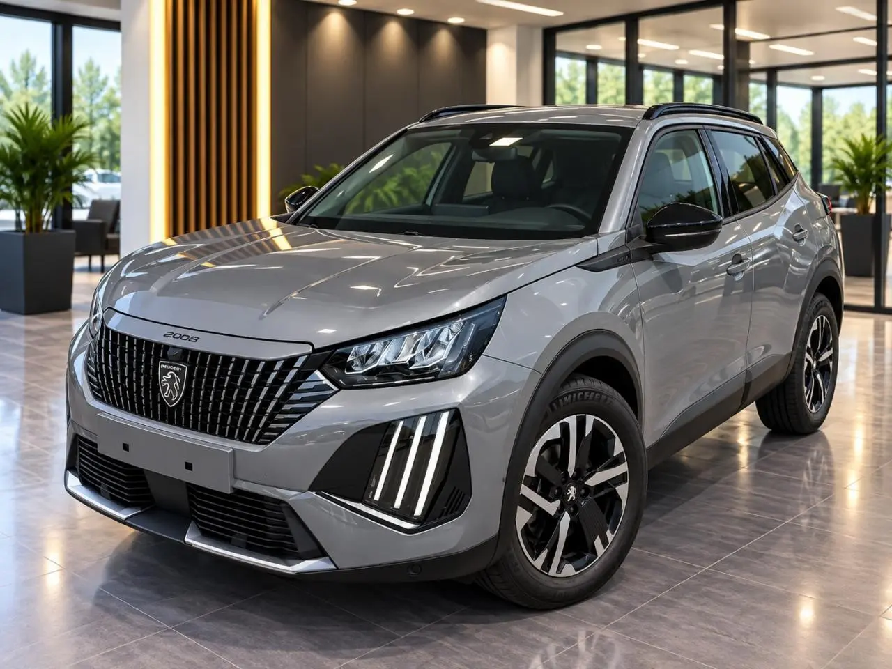 Peugeot 2008 2024 sellenium en 3/4 avant droit, avec calandre noire distinctive et feux LED verticaux.