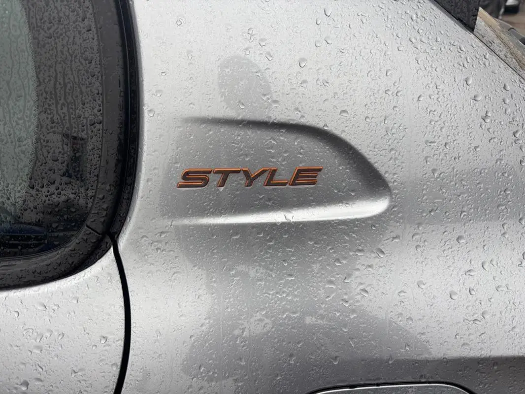Gros plan sur l’inscription Style en relief sur la porte arrière droite d’une Peugeot 208 gris métallisé sous la pluie.