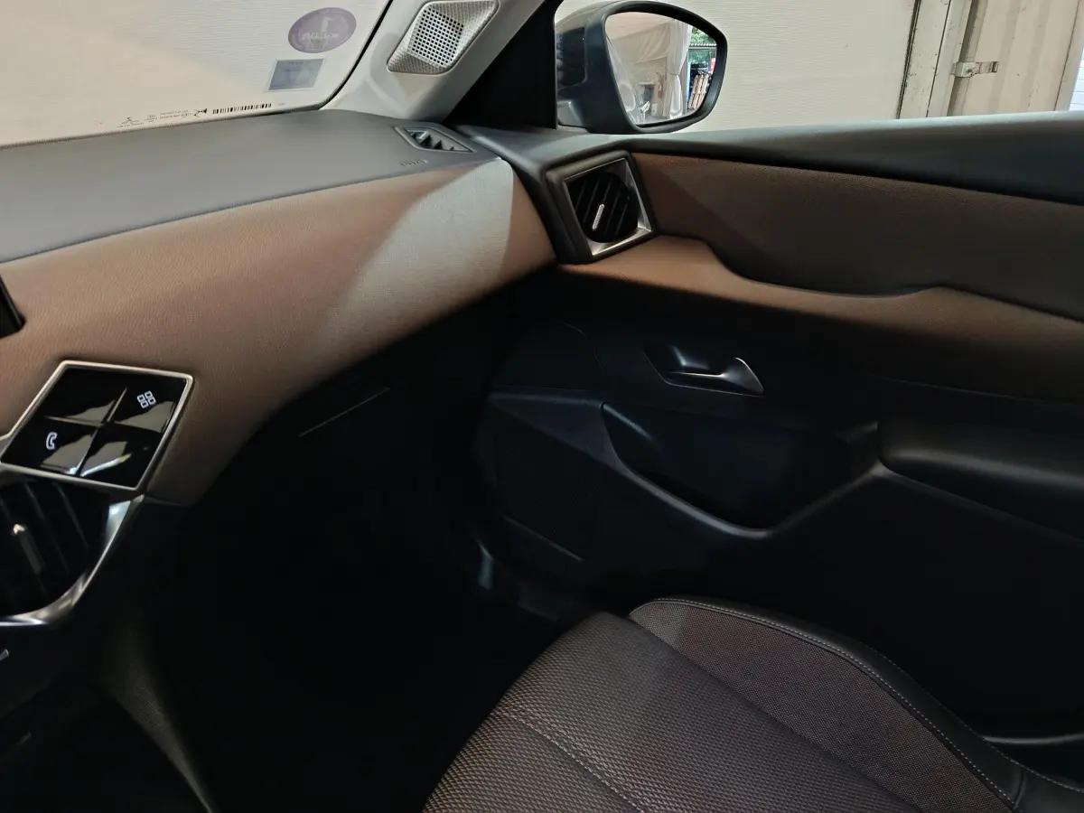 Intérieur côté passager du DS3 Crossback gris foncé, montrant la portière et le tableau de bord beige et noir.