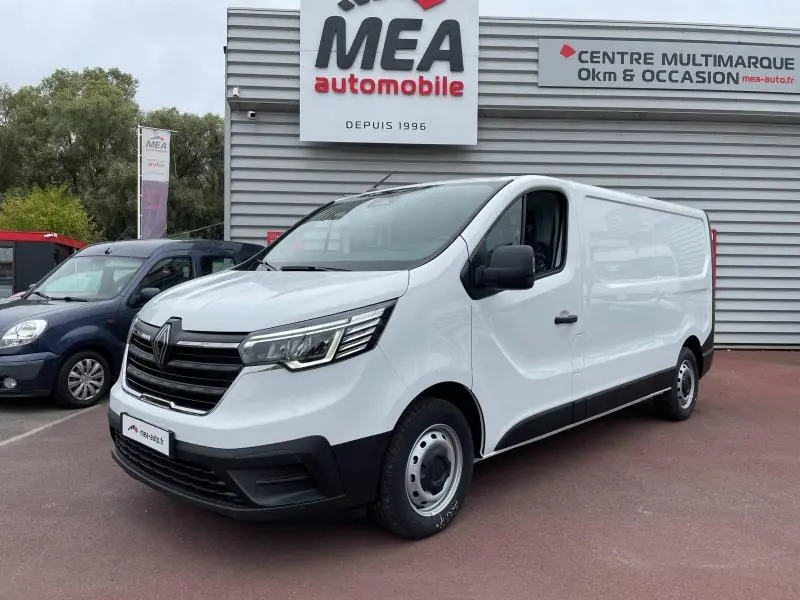 Renault Trafic Fourgon blanc glacier vu en 3/4 avant droit, avec calandre noire et roues acier simples.