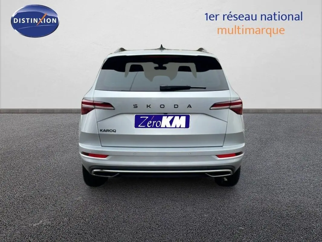 Vue arrière d'un Skoda Karoq argent 2025 avec barres de toit et feux arrière LED distinctifs.