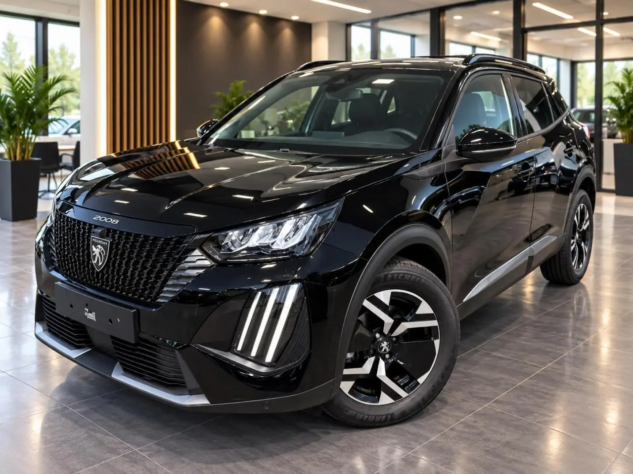 Peugeot 2008 noir perla en 3/4 avant droit, avec calandre distinctive et feux LED verticaux allumés, en showroom.