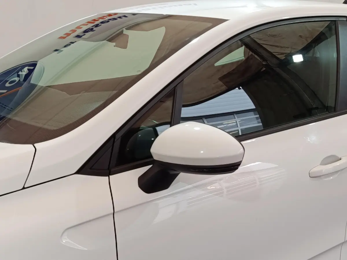 Vue rapprochée du côté gauche d'une Renault Clio Business TCe 90 blanche, mettant en valeur le rétroviseur et la portière avant.