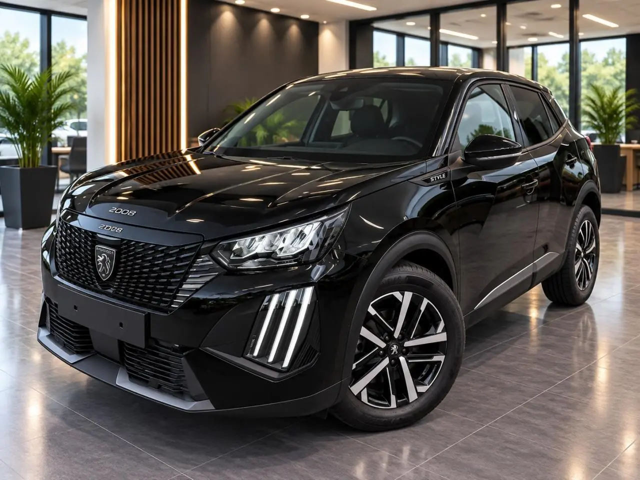 Peugeot 2008 noir perla en 3/4 avant droit, avec phares LED et jantes alliage distinctives, version Style 2025.