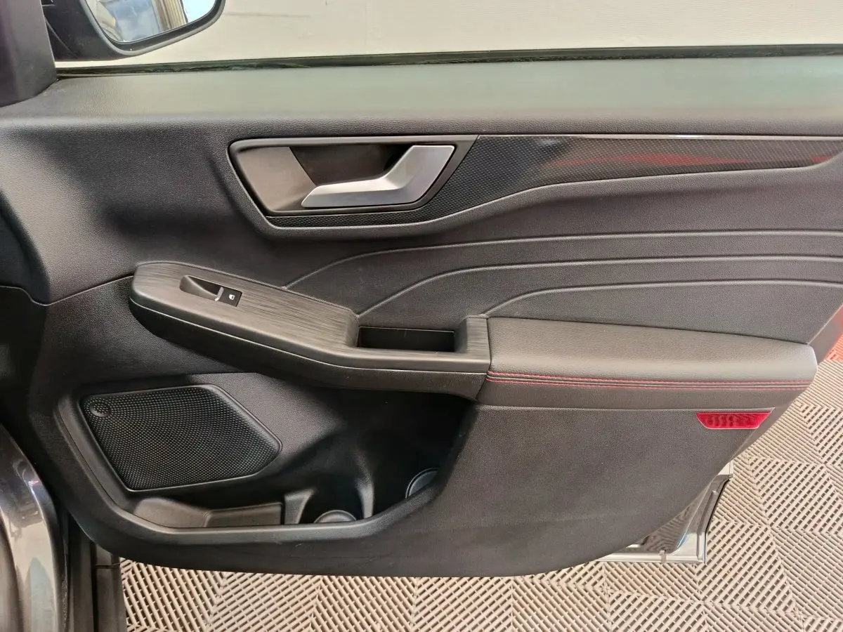 Gros plan sur la porte intérieure côté gauche du Ford Kuga gris clair, avec poignée argentée et surpiqûres rouges.