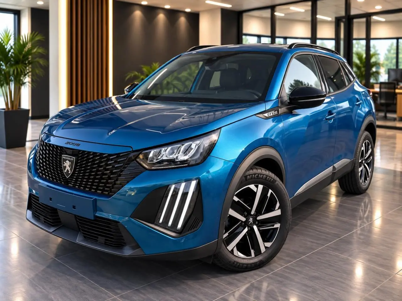 Peugeot 2008 bleu obsession en 3/4 avant droit, avec calandre noire et feux LED verticaux distinctifs.