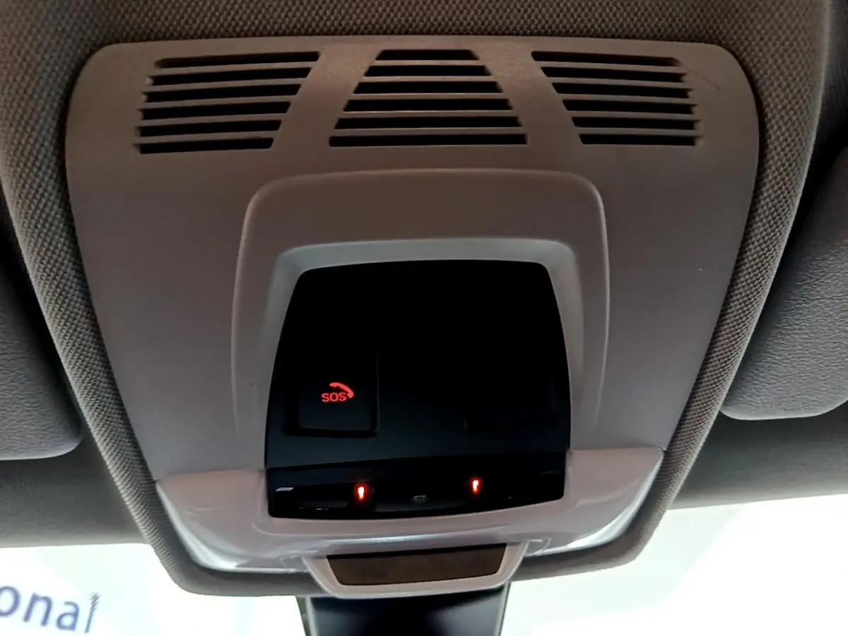 Vue en contre-plongée du plafonnier gris avec bouton SOS rouge allumé dans une BMW X2 gris foncé 2021.
